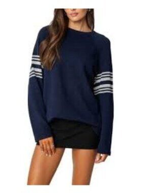 Edikted Navy Sweater With Striped Sleeves 100% Cotton